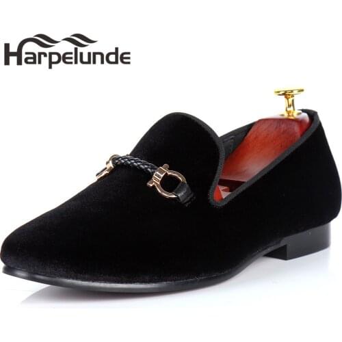 Harpelunde Buckle Men Dress Shoes Black Velvet Loafers Fashion Footwear Size 6-14