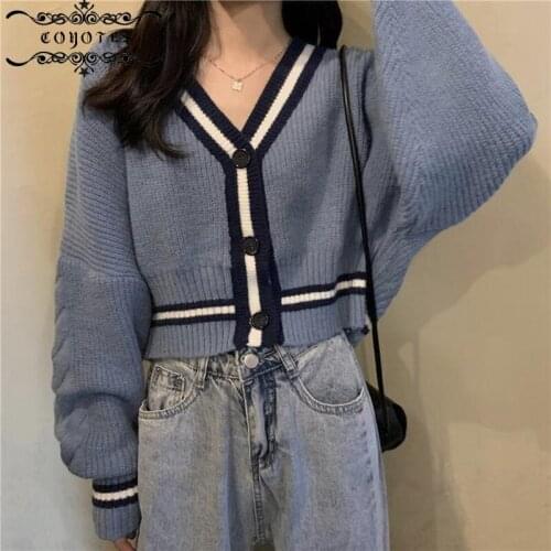 Sweaters Cardigans Womens Striped V-Neck Sweater Cardigan Women Single Breasted Crop Top Leisure Chic Korean Style Outwear