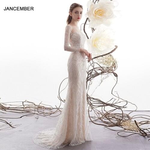 LDR16 Tulle See-through New Wedding Dress 2021 Bridal Wedding Sequined Long Sleeve Lace Silver Line Outline Pattern Robe Mariée