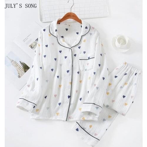 JULYS SONG New 2 Pieces Woman Pajamas Cotton Pajamas Set Autumn Winter Leisure Sleepwear Heart Printing Long Sleeve Homewear