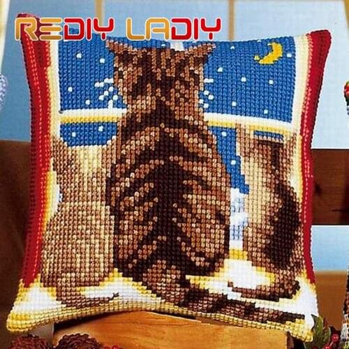 Cross Stitch Cushion Lovely Kittens Chunky Yarn Cross-Stitch Kits Needlework Pre-Printed Canvas Pillow Home Decor Arts & Crafts