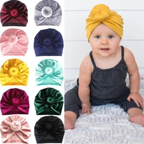 Toddler Girl Kid Baby Gold Velvet Bow Hairband Headband Stretch Turban Head Wrap Doughnut Knot Hat Winter Warm Cap
