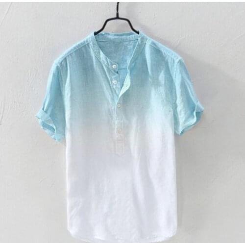 Summer Mens Cool And Thin Breathable Collar Hanging Dyed Gradient Cotton Shirt Linen Shirt Male Men Short Sleeves Loose Shirt