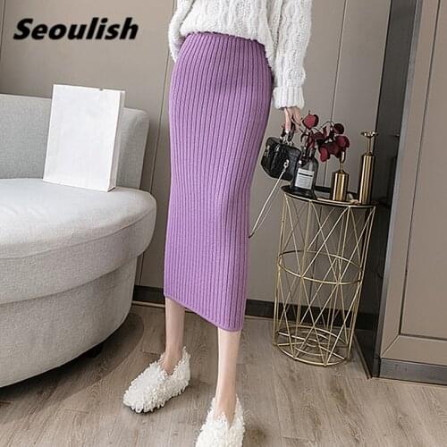 Seoulish New 2021 Autumn Winter Thicken Women Knitted Skirts Female High Waist Office Ladies Elastic Knitting Midi Skirts Female
