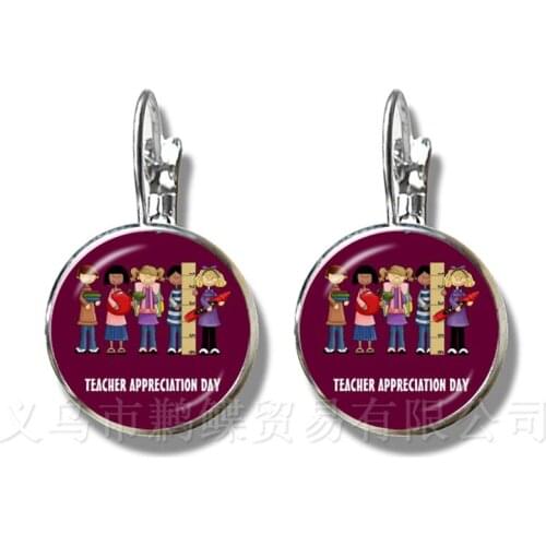 Fashion Thank You Teacher Earrings Red Heart Pattern Glass Silver Plated Stud Earrings Merci Maitresse Women Girls Gifts