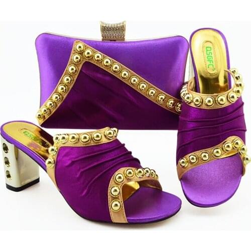 Special Design Purple Color Rhinestone Woman Shoes And Matching Bag Set Italian Style Pumps Shoes And Bag Set For Party Wedding