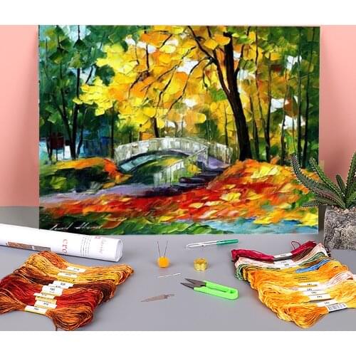 Fall Bridge Printed Water-Soluble Canvas 11CT Cross Stitch Complete Kit DIY Embroidery DMC Threads Painting Adults