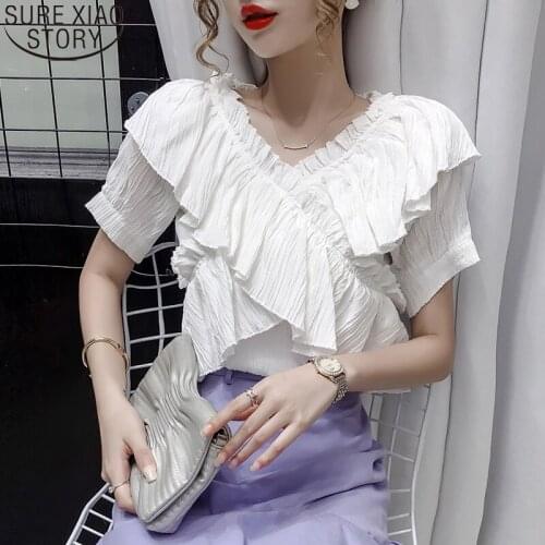 Women Chiffon Shirt Slash Neck Summer 2021 New Fashion Ruffles Tops Off Shoulder Blouse Short Sleeve Blouses Blusas Mujer 15412