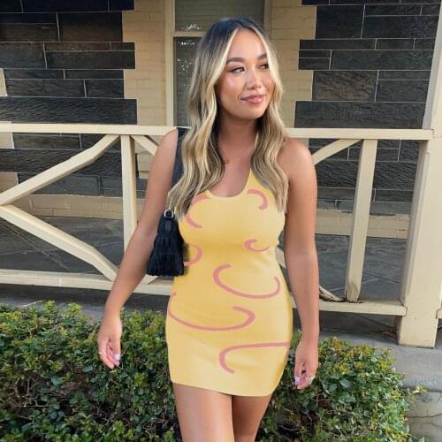 2021 New Knitted Bodycon Dress Women Halter Lace Up O Neck Backless Summer Yellow Sleeveless Mini Beach Party Sexy Dresses Femme