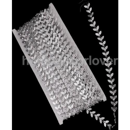 10 Yards 1.2cm Crystal Leaves Rhinestone Chain Ribbon Trims for Crafts Wedding Decoration Sewing Applique Silver