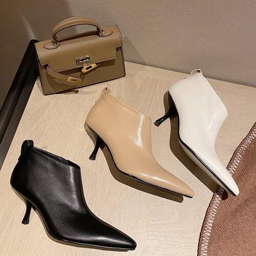 Luxury brand ankle boots womens shoes genuine leather european design thin high heel office lady ankle boots bottes femme