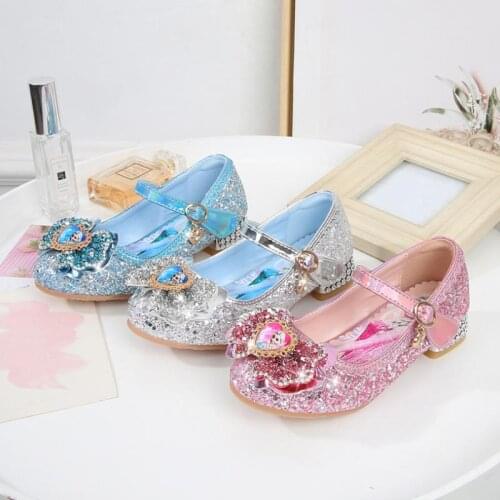 Disney Summer Girls Frozen Sandals with Heel Fashion Crystal Shiny Glitter Shoes Children Girls Princess Bowtie Dancing Shoes