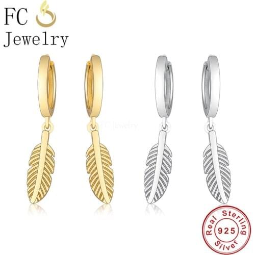 FC Jewelry 925 Silver Unusual Small Circle Gold Color Feather Pendant Hoop Earring For Women Gifts Ear Piercing Accessories 2020
