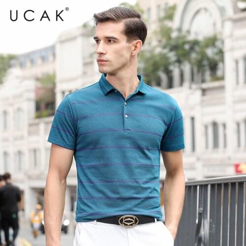 UCAK Brand Streetwear Short Sleeve Striped T-Shirts Men Clothing Summer New Tops Turn-Down Collar Casual T Shirt Homme U5404