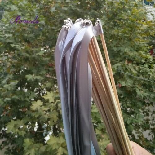 Hot selling 50pcs/lot sliver wedding ribbon stick wands with sliver bell for wedding decoration
