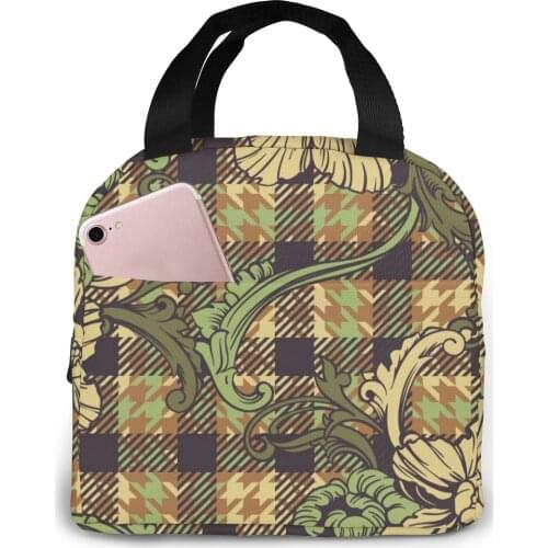Insulated Lunch Bag Thermal Plaid Flowers Tote Bags Cooler Picnic Food Lunch Box Bag