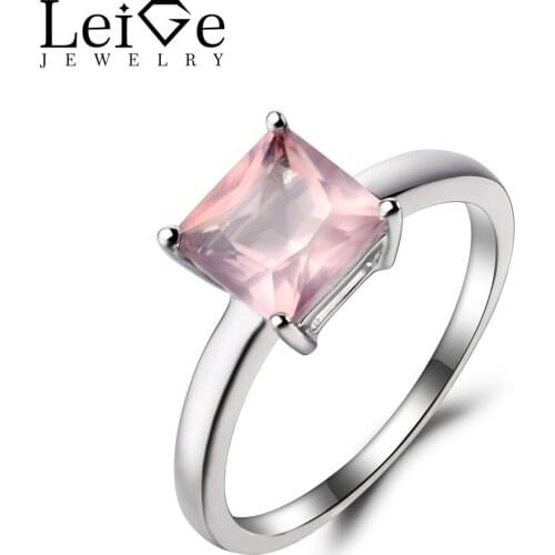 Leige Jewelry Solitaire Ring Real Natural Pink Quartz Ring Wedding Ring Square Cut Pink Gemstone 925 Sterling Silver Ring Gifts