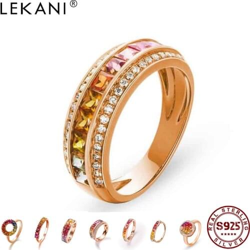 LEKANI Ring For Women 925 Sterling Silver Variety Inlay Colorful Zirconia Rings Rainbow Style Engagement Party Gift Fine Jewelry