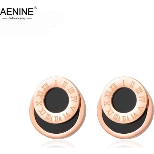 AENINE Trendy Double Circle Roman Numerals Stud Earrings For Women Titanium Stainless Steel Wedding Earrings Jewelry AE17051