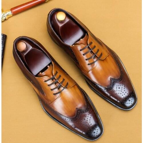 Brogue Carving Genuine Leather Mixed Colors Casual Business Shoes England Trendy Dress Shoes Mens Daily Leisure Party Shoes 46
