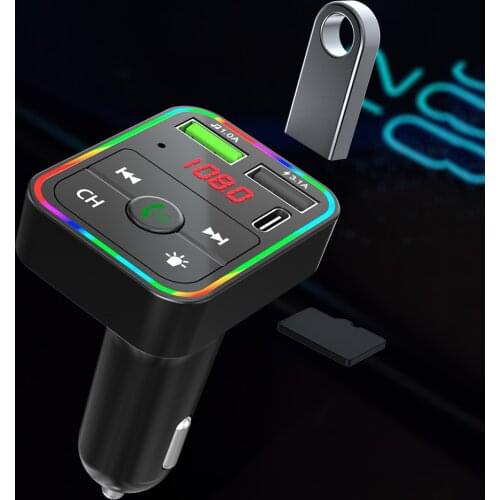 F2 Music Player Car Accessories Gadgets Car Bluetooth 5.0 FM Transmitter LED Backlit Handsfree MP3 Player USB Charger