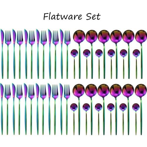 Colorful Dinnerware Stainless Steel 8/16/24 Pcs Cutlery Rainbow Kitchen Tableware Dinner Set Knife Fork Spoon Silverware