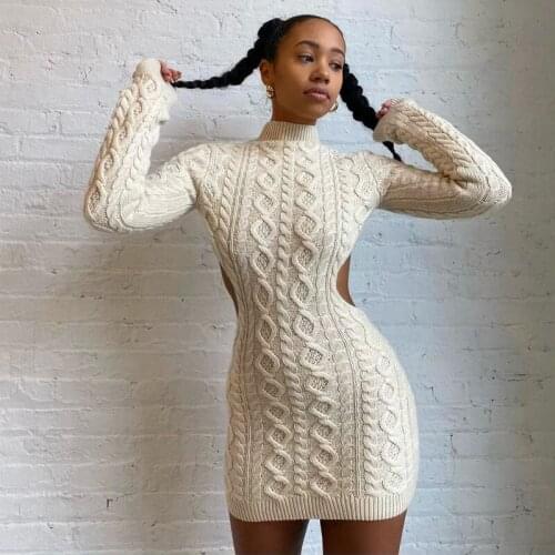 SUJYing Autumn New Fashion Sexy Close-fitting Winter New Side Hollow High Neck Long Sleeve Knitted Dress