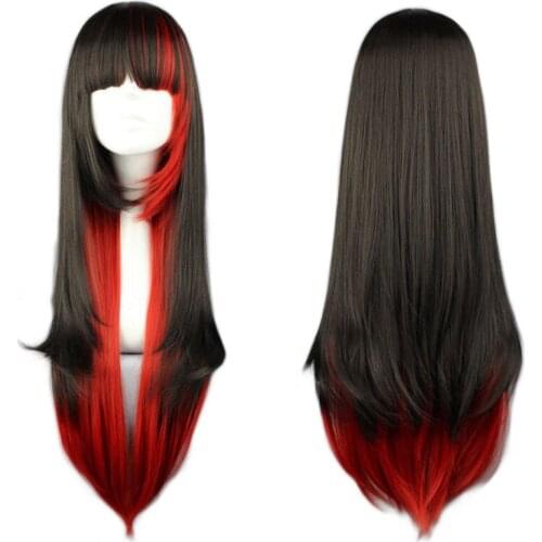 Cosplay Long Straight Hair Qi Liu Hai Wig Heat Resistant Synthetic Hair Anime Cosplay Wig Black Gradient Red Spot Wig