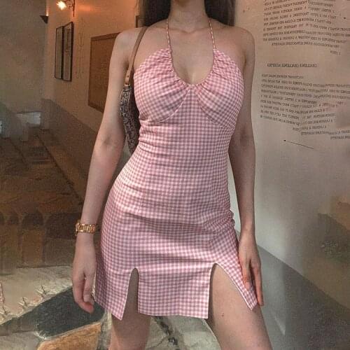 Missnight Pink Green Plaid Halter Dress Bandage Mini Bodycon Summer Dress Split Drawstring Party Club Dresses Streetwear 2021