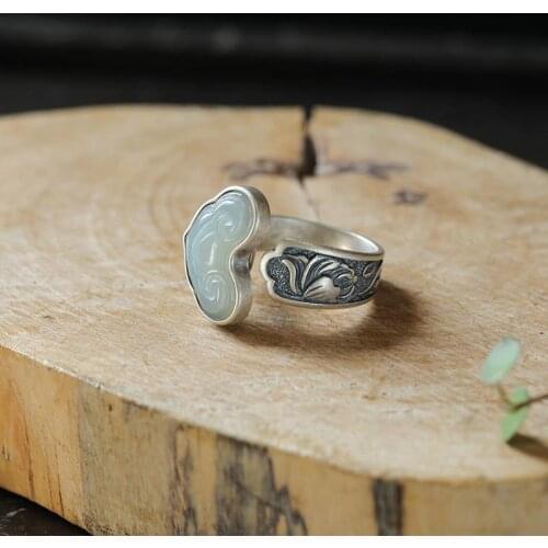Handmade exaggerated retro jade wishful ring, 925 sterling silver inlaid with Hetian jade antique jewelry open female ring