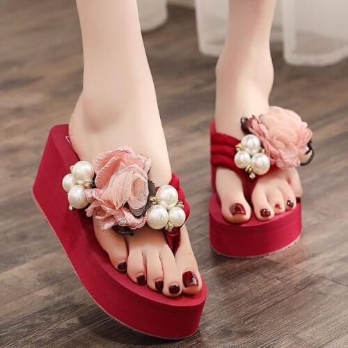 Sweet Handmade Pearl Flower Flip Flops FemaleSWummer Korean Slope With Non-Slip Beach Shoes Vacation Outing Outdoor Slippers