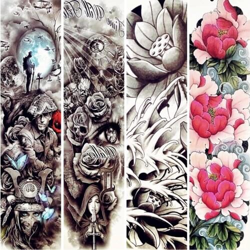Mighty Warrior Army Full Arm Temporary Tattoo Sticker Sexy Women Big Body Art Waterproof Flash Removable Tattoo Black Flower Men