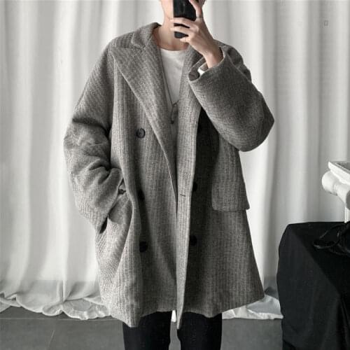 2021 Korean Style Mens Mid-length Trench Fashion Trend Long Jacket Grey Color Coats Loose High-quality Windbreaker Outerwear