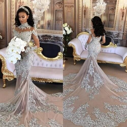 Fashion Sequins Mermaid Evening Dresses Sexy O Neck Trumpet Long Sleeves Evening Gowns robe de soiree Gray Evening Dress