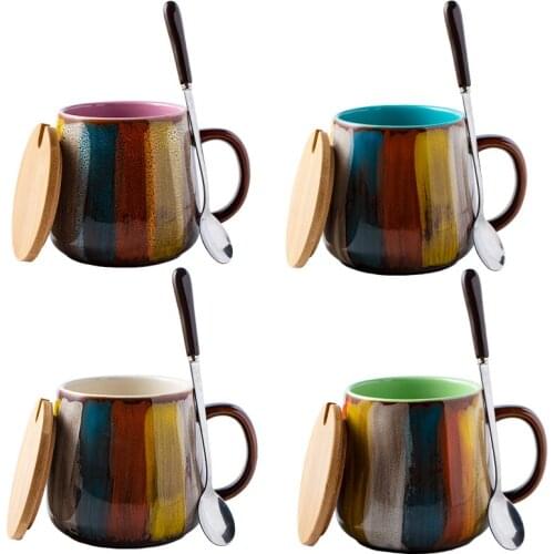 Vintage Hand Drawn High Capacity Milk Tea Mug Ceramic Coffee Cup With Lid Spoon Home Drinkware