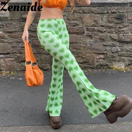 Zenaide High Waist Trousers Heart Green Flare Pants Y2K 2021 Fashion Vintage Outfits Sweatpants Women Long Pants