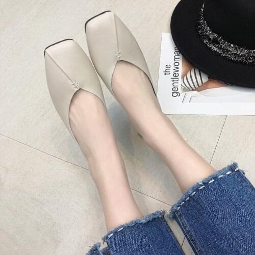 Spring 2021 new square head shallow womens casual shoes flat shoes light and comfortable soft leather flat shoes