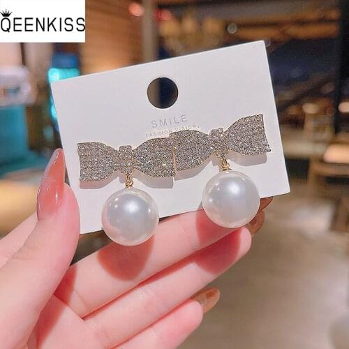 QEENKISS EG749 Fine Jewelry Wholesale Woman Girl Birthday Gift Bow Pearl AAA Zircon 925 Sterling Silver Needle Stud Earrings