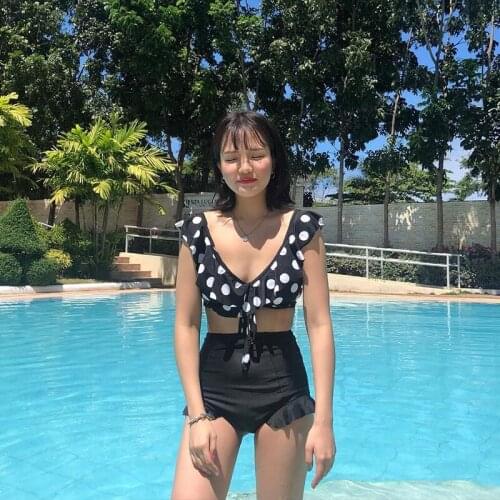 2019 New Womens Swimsuit Two-piece Black Polka dot High-waist V-front Sexy Backless Stringy Selvedge Boxer Swimming Trunks