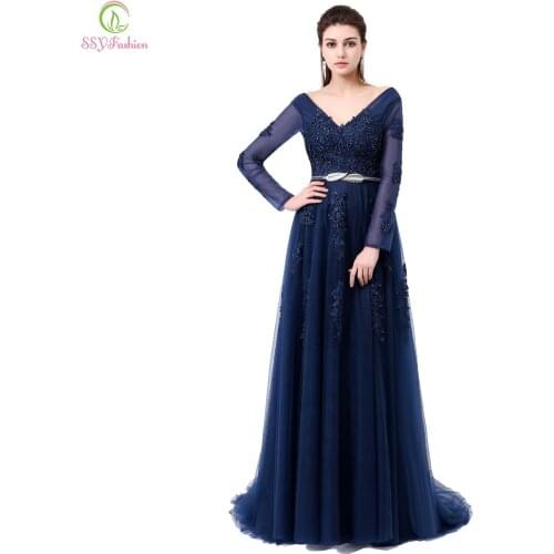 SSYFashion Sexy Backless V-neck Long Sleeved Lace Evening Dress Embroidery with Beading Mother of The Bride Prom Formal Dresses