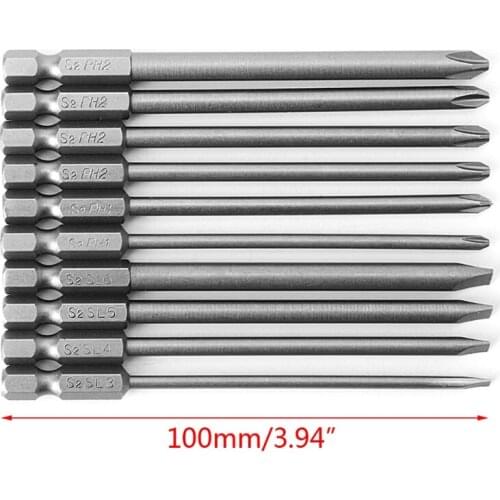 10Pcs/Set Magnetic Slotted PH2 Screwdriver Bit S2 Steel 1/4 Hex Shank 100mm