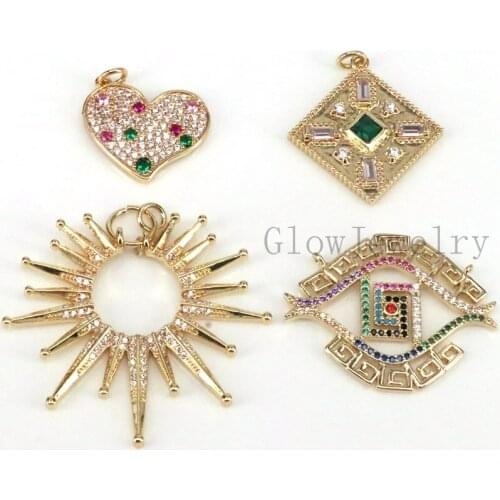 5Pcs , Cubic zirconia Eye Heart Square Gold Charms Pendants For Jewelry Making Femme Copper Zircon Accessories