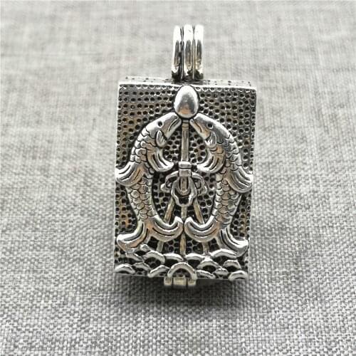 925 Sterling Silver Lotus Flower Locket Pendant Double Fish Prayer Wish Box