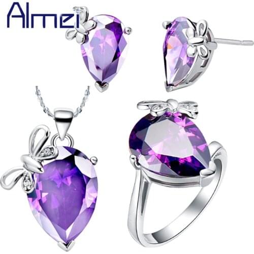 Almei Wedding American Fashion Earrings With Stones Necklaces Ring,CZ Zircon Jewellery Sets,Butterfly Jewelry for Women T090