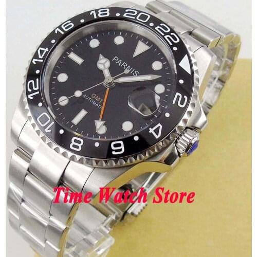40mm parnis GMT mens watch sapphire crystal ceramic bezel luminous hands marks bracelet automatic movement 338