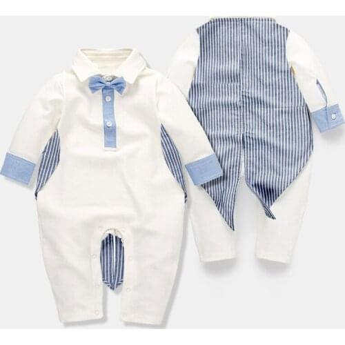 Baby Boy Gentleman Romper Clothes Long Sleeve Bow Tie Infant Toddler Jumpsuit Fake Two Pieces Party Wedding Kids Jumpsuit 3-24M