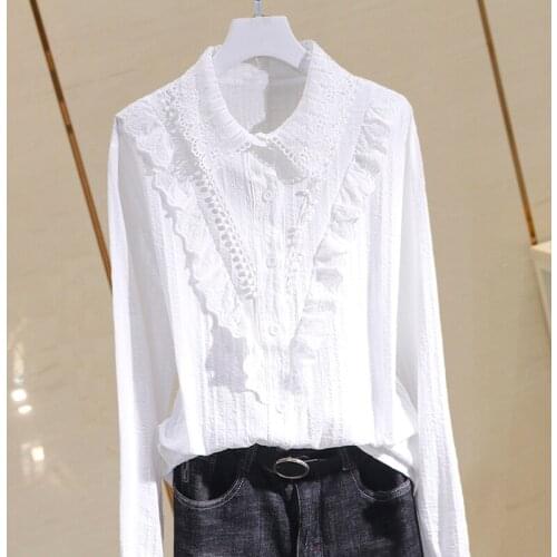 Cotton White Women Shirts Spring New 2021 Ruffles Long-Sleeved Loose Office Lady Elegant Outwear Tops