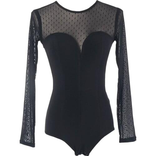 Ballroom Latin Dance Onesies Female Adult women Elegant Polka Dot black mesh Sleeve Body Suit Modern Dancing Practice Top