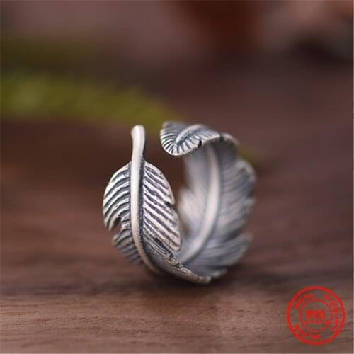 MKENDN Genuine Retro 925 Sterling Silver Jewelry Not Allergic Personality Feathers Opening Ring For Women Party Dark Accessories