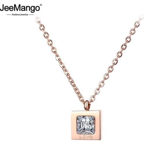 JeeMango Fashion Necklace Rose Gold Color Collarbone Necklace Chain CZ Square Pendant For Women Stainless Steel Jewelry JN18242